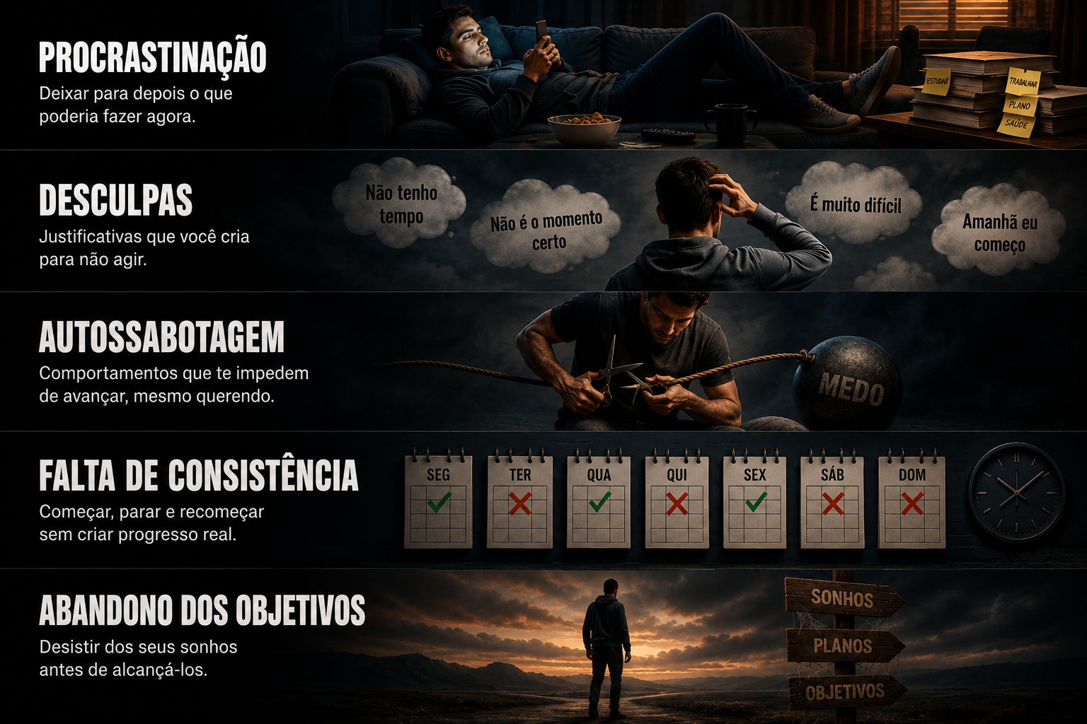 As cinco dores: procrastinação, desculpas, autossabotagem, falta de consistência e abandono dos objetivos